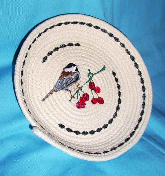 Embroidered Chickadee Rope Bowl: Handmade Cotton Cord Catchall Basket