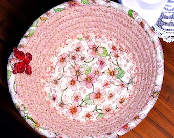 small floral rope bowl-fabric wrapped trinket basket
