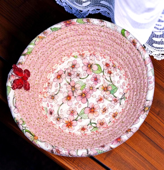 small floral rope bowl-fabric wrapped trinket basket