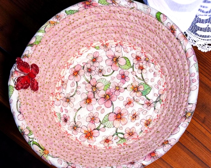 small floral rope bowl-fabric wrapped trinket basket