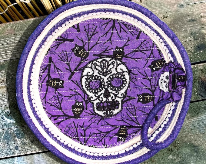 Skelton Embroidered Rope Bowl-Halloween Fabric Wrapped Basket