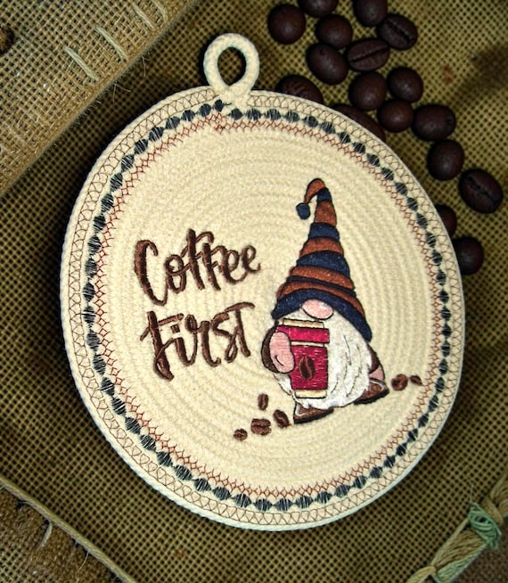 Embroidered Gnome Rope Trivet: Coffee First Mug Rug