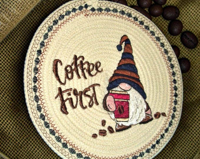 Embroidered Gnome Rope Trivet: Coffee First Mug Rug