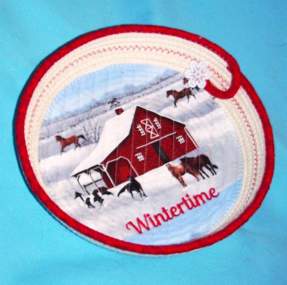 Winter Scene Rope Bowl-Fabric Wrapped Horse Barn Basket