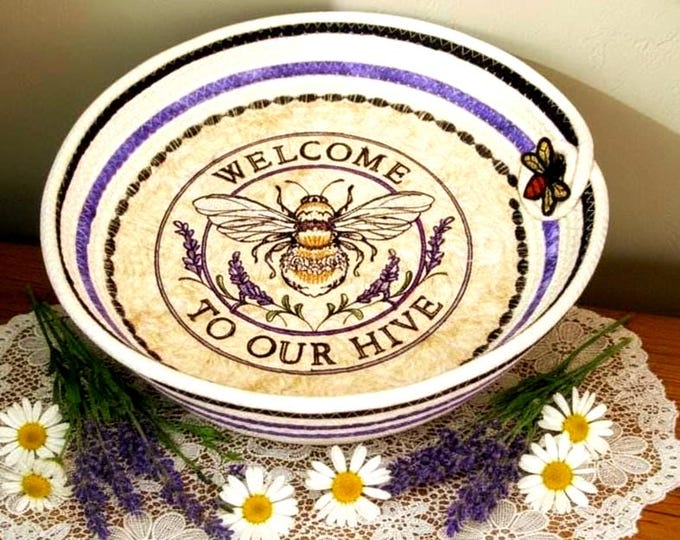 Honey Bee Embroidered Rope Bowl-Fabric Wrapped Medium Basket