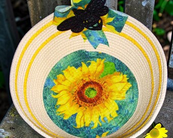 Sunflower Bee Rope Bowl-Medium Large Flower Fabric Basket