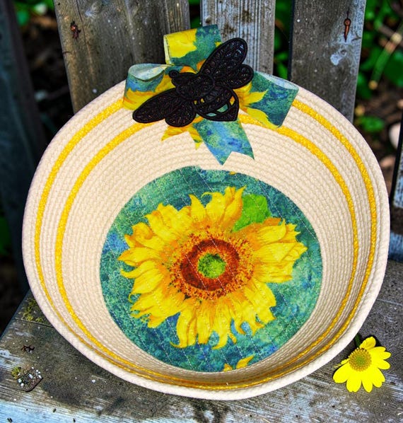 Sunflower Bee Rope Bowl-Medium Large Flower Fabric Basket