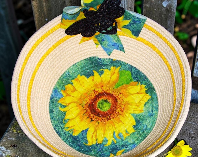 Sunflower Bee Rope Bowl-Medium Large Flower Fabric Basket