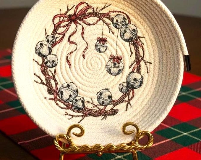 Embroidered Rope Bowl: Christmas Jingle Bells, Winter Holiday Basket