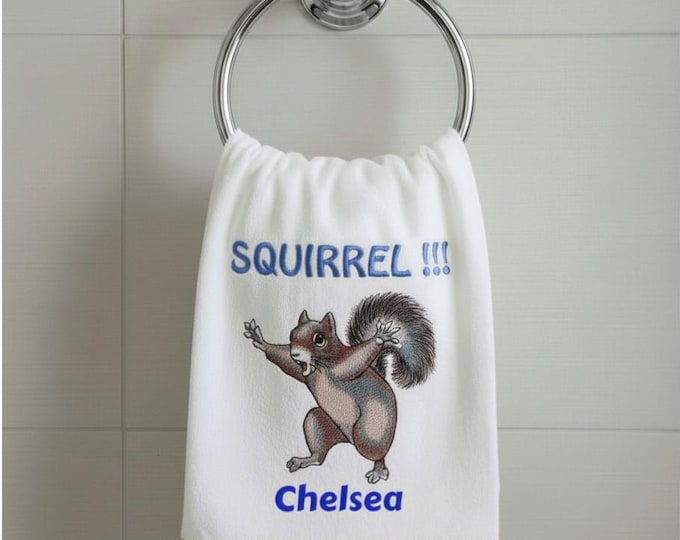 Embroidered Squirrel Tea Towel, 28x28 Cotton Flour Sack