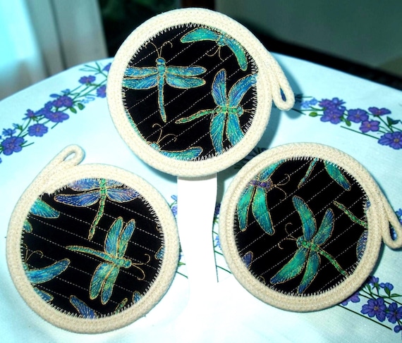 Large Dragonfly Coaster: Handmade Rope & Fabric Mug Rug-Candle Mat