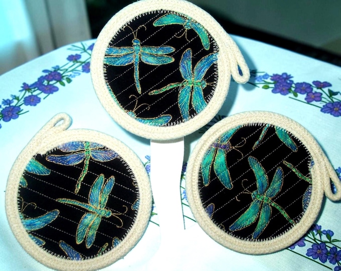 Large Dragonfly Coaster: Handmade Rope & Fabric Mug Rug-Candle Mat