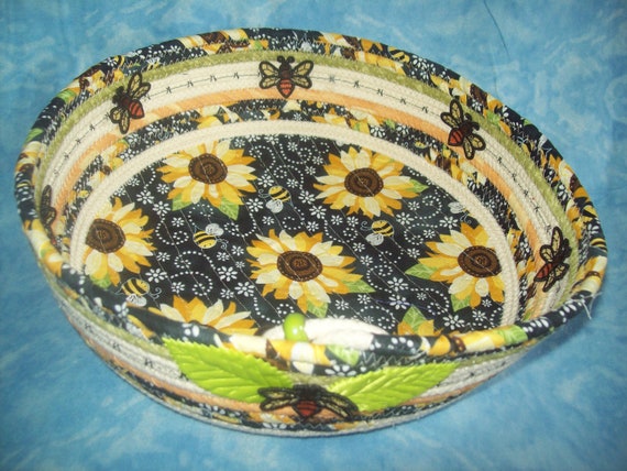 Handmade Sunflower Rope Bowl: Embroidered Honeybee Cotton Basket-FSL Bees