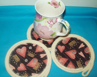 Rope Large Coasters-Fabric Rope Coaster-Pink Hearts Round Coaster-Coffee Cup Coaster-Round Mug Rug- Tea Cup Mat- Small Trivet Gift