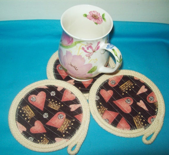 Pink Hearts Rope Coaster: Fabric Coffee Cup Mat - 5 inch