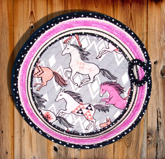 Indian Ponies Rope Bowl-Horse Fabric Wrap Basket-Western Decor