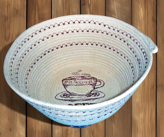 Embroidered Coffee Cup Rope Bowl: Handmade Cotton Coiled Basket