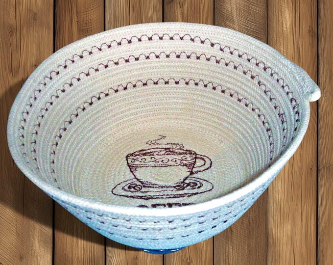 Embroidered Coffee Cup Rope Bowl: Handmade Cotton Coiled Basket