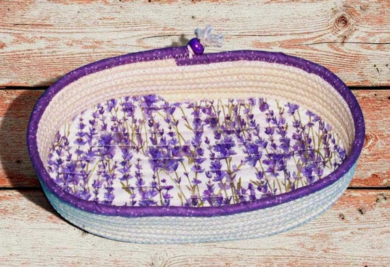 Lavender Floral Rope Bowl: Fabric Wrapped Basket, Handmade Organizer