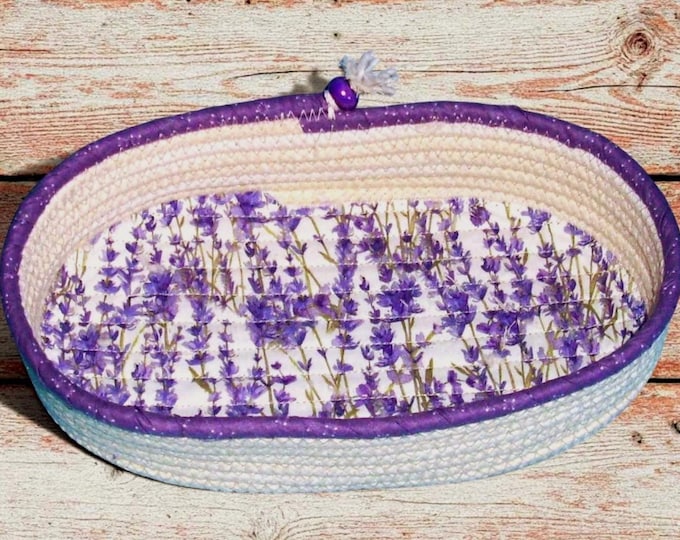 Lavender Floral Rope Bowl: Fabric Wrapped Basket, Handmade Organizer