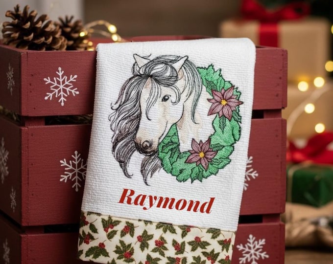 Personalized Christmas Horse Towel, Embroidered Poinsettia Wreath, Cotton Terry, 28 Inch