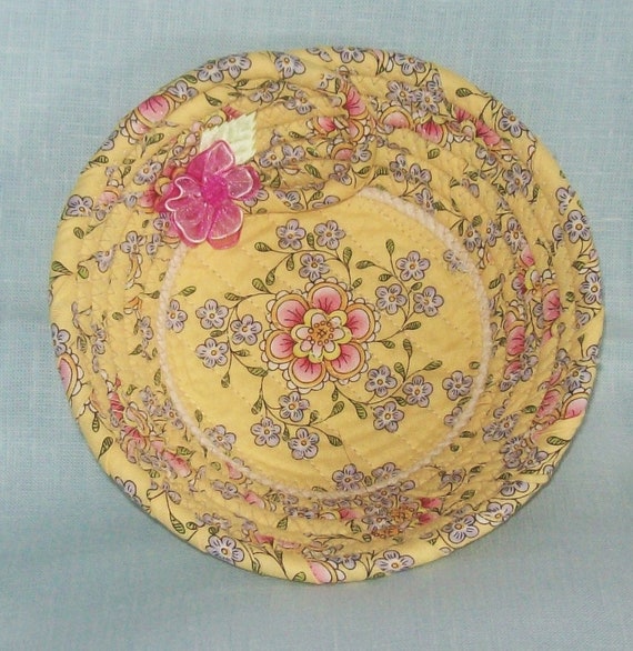 Handmade Floral Rope Bowl: Yellow Fabric Coiled Basket