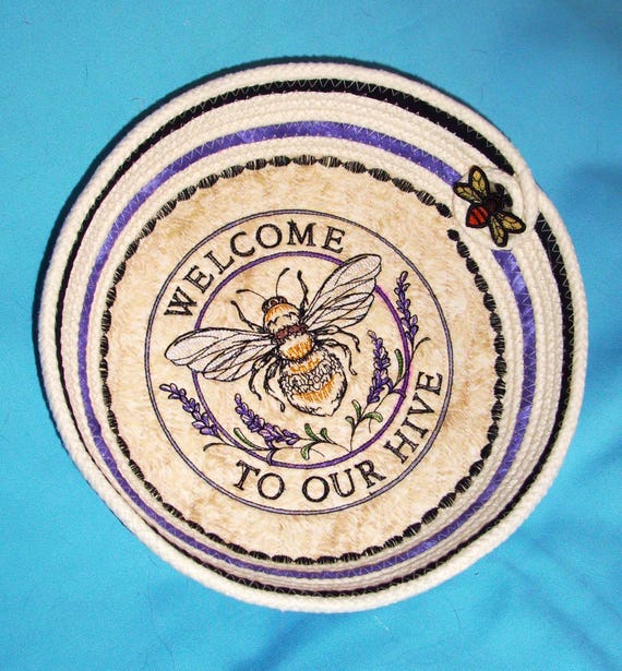 Honey Bee Embroidered Rope Bowl-Fabric Wrapped Medium Basket