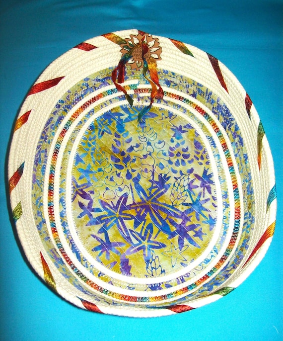 Lupine Fabric Rope Basket: Batik FLoral Design, Decorative Bowl (12x8x4)