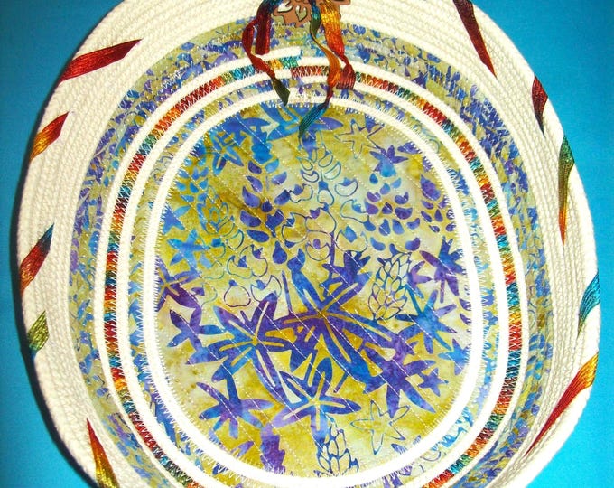 Lupine Fabric Rope Basket: Batik FLoral Design, Decorative Bowl (12x8x4)