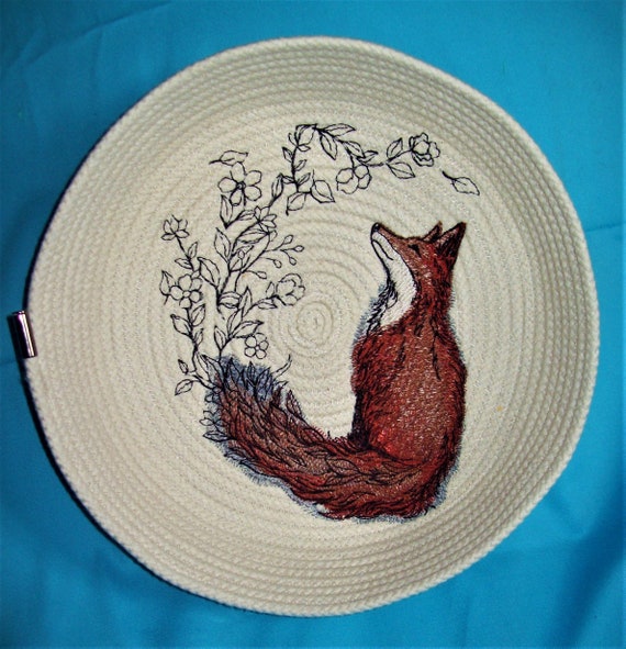 Embroidered Fox Bowl: Handmade Cotton Rope Basket, Minimalist Decor