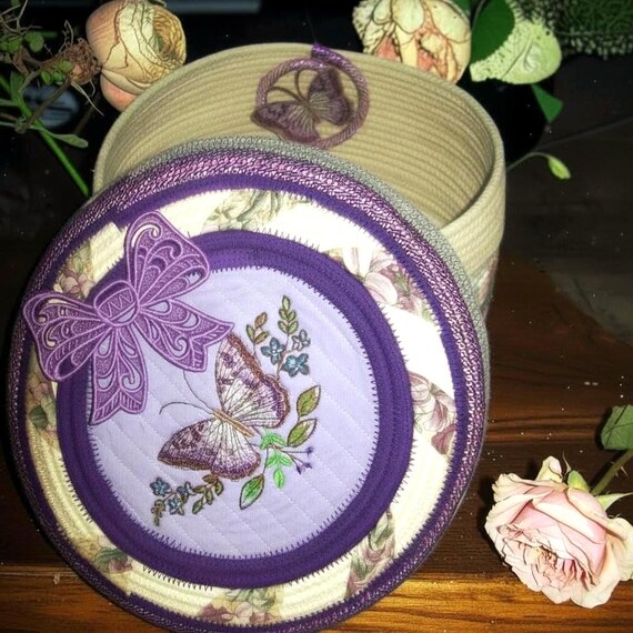 Handmade Lavender Rope Basket: Embroidered Butterfly Lidded Sewing Bowl