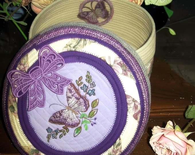 Handmade Lavender Rope Basket: Embroidered Butterfly Lidded Keepsake Box