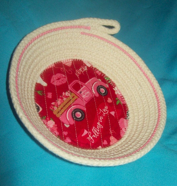 Small Rope Bowl-Valentine Cord Basket-Red Truck and Hearts coiled bowl-trinket bowl-mini gift bowl basket