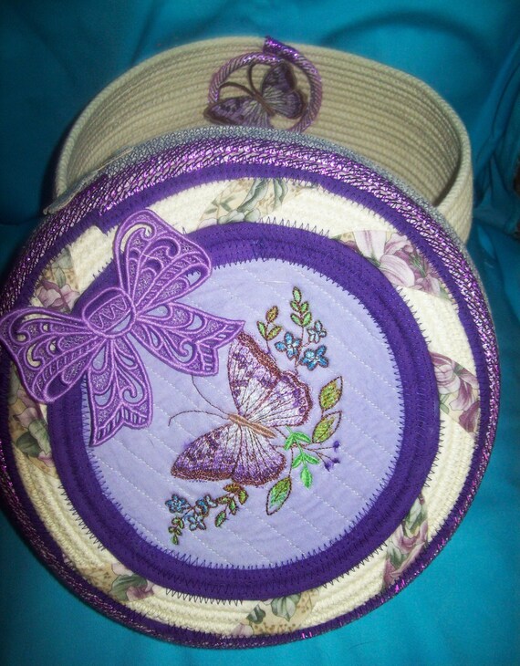 Handmade Lavender Rope Sewing Basket: Embroidered Butterfly Lidded Bowl