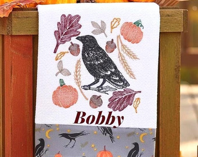 Personalized Cotton Terry Towel, Embroidered Crow Fall Decor, 16" x 28"