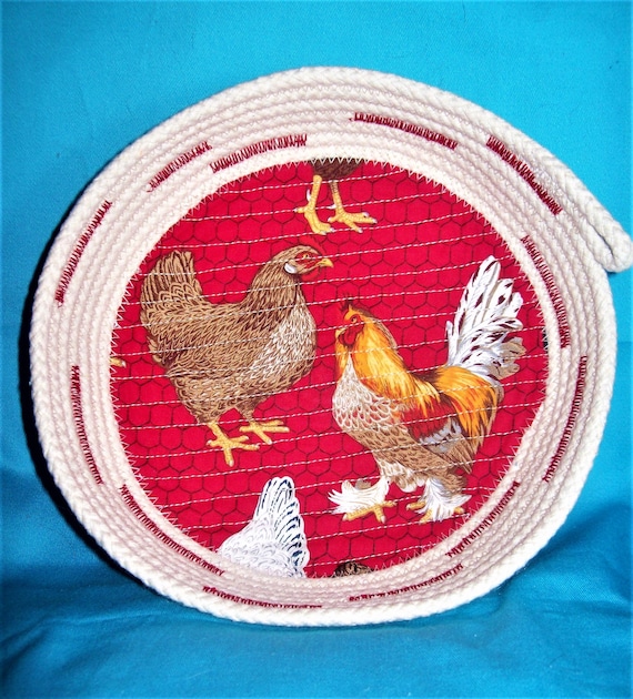Chicken Fabric Rope Bowl: Farmhouse Coiled Quilted Basket, 8"