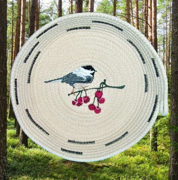 Embroidered Chickadee Rope Bowl: Winter Bird & Berries Basket