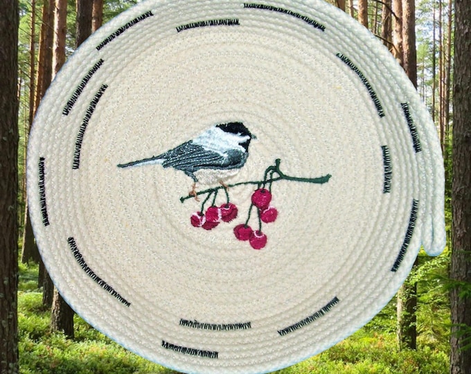 Embroidered Chickadee Rope Bowl: Winter Bird & Berries Basket