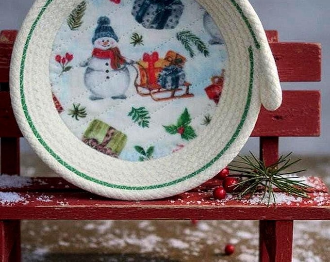 Small Snowman Rope Bowl-Winter Fabric Quilted Basket