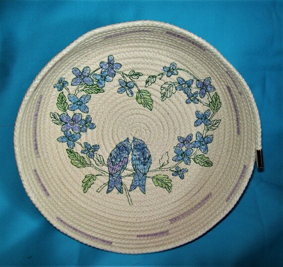 Embroidered Cotton Rope Bowl: Pastel Blue Love Birds, Wedding Gift