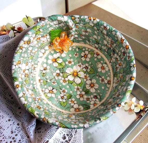 Teal Blossom Fabric Rope Bowl: Quilted Trinket Basket with Flower