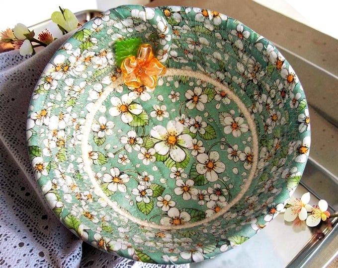 Teal Blossom Fabric Rope Bowl: Quilted Trinket Basket with Flower