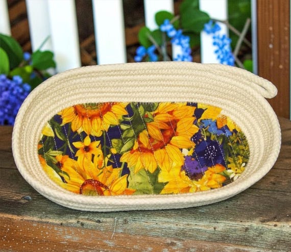 Sunflowers Oval Rope Bowl-Coiled clothesline cord basket