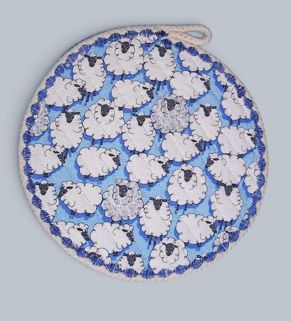 Sheep Fabric Coaster: Handmade Reversible Hot Pad, Country Farmhouse Decor