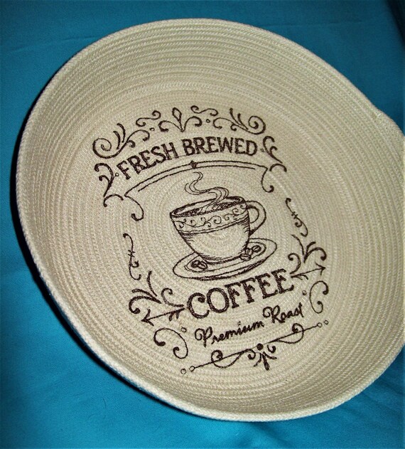 Embroidered rope bowl-Fresh Brewed Coffee basket-country style farmhouse embroidery design-coiled cotton-Montana handmade-red work style