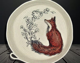 Embroidered Fox Rope Bowl: Handmade Cotton Cord Basket