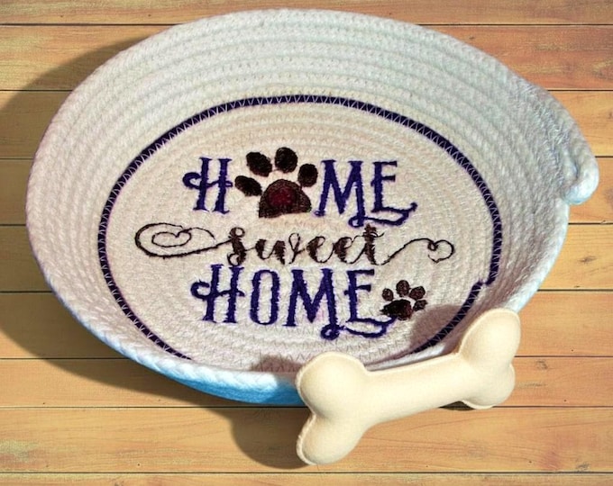 Embroidered Paw Print Rope Bowl: Home Sweet Home Pet Dish-Catch all Basket