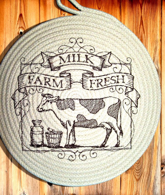 Embroidered Cow Coiled Rope Trivet: Large Farmhouse Hot Pad