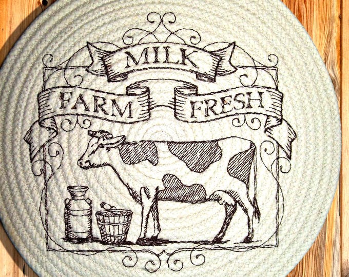 Embroidered Cow Coiled Rope Trivet: Large Farmhouse Hot Pad