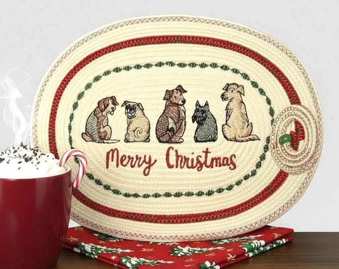 Dogs Embroidered Rope Bowl-Fabric Wrapped Oval Basket